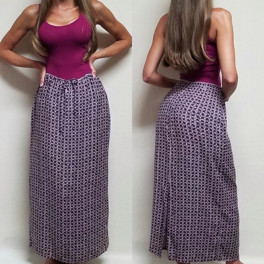 VINTAGE Cherokee Boho Purple Mosaic Tie-Waist Lightweight Split Back Maxi Skirt